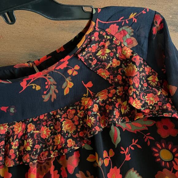 LOFT Women's Ruffle Black Orange Floral Gypsy Bohemian Y2K Style Top Size Small - Picture 5 of 10